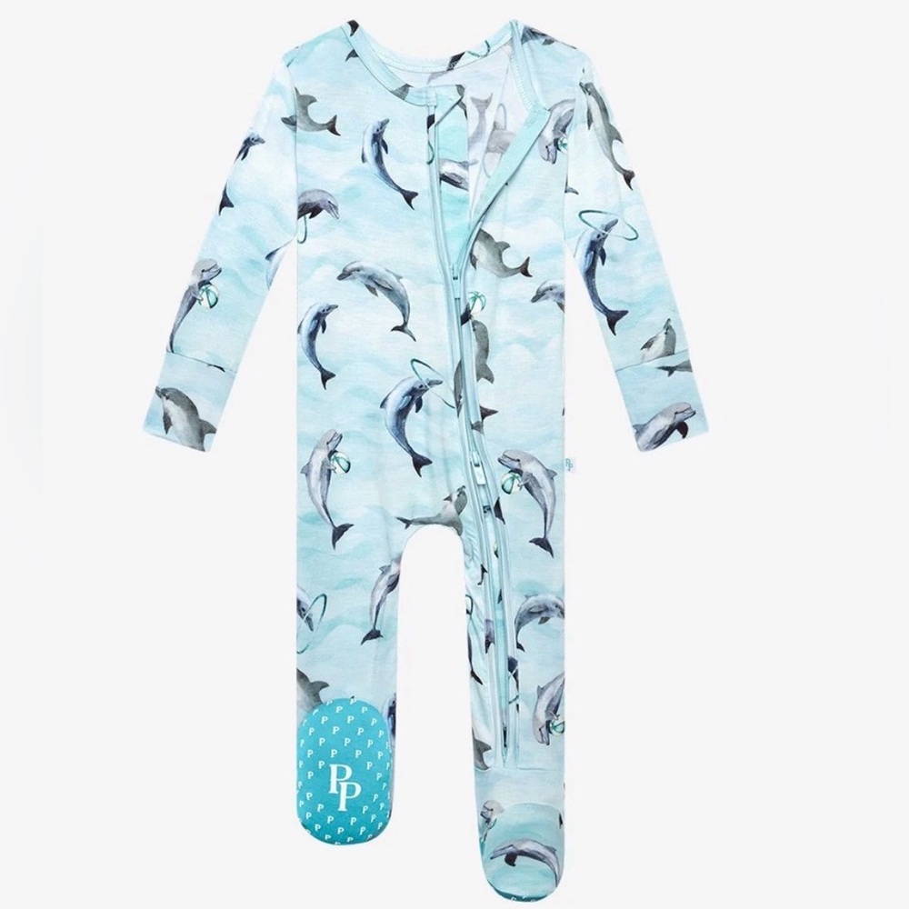 Posh Peanut Light Blue Dolphin Print Footed Pajama, Size NB, Skipper print